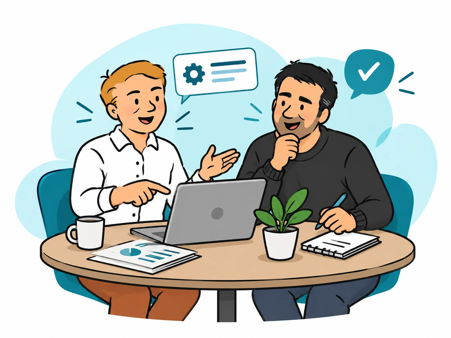Illustration of the two AlibeeZ founders at a table around a laptop: one explains a configuration, pointing at the screen, while the other thinks it over and takes notes.