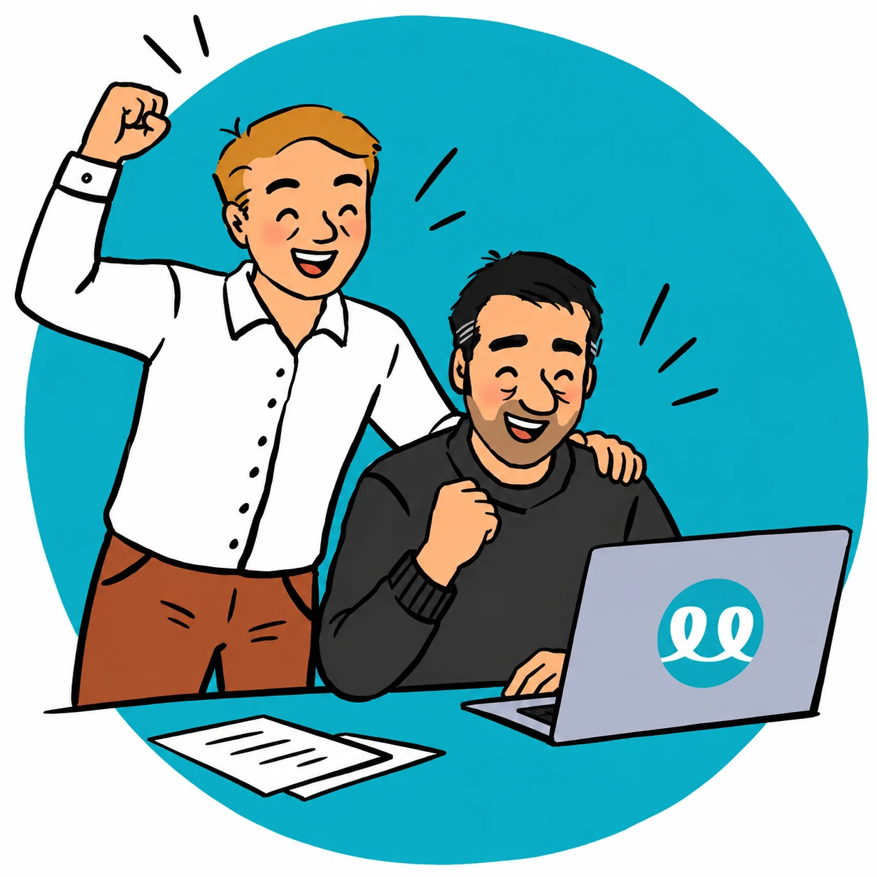 Illustration des deux fondateurs d’AlibeeZ qui se réjouissent devant un ordinateur portable : l’un, debout, lève le poing, la main sur l’épaule de l’autre, assis.