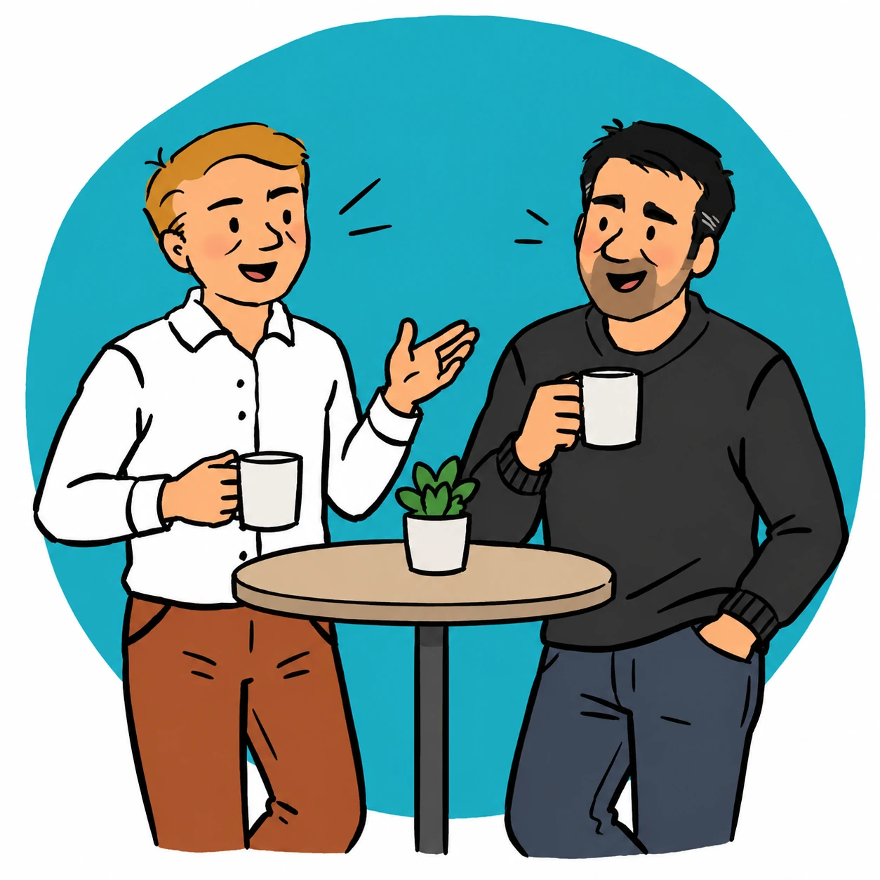 Illustration de deux membres de l’équipe AlibeeZ travaillant sur un même sujet : l’un devant son ordinateur portable, l’autre debout à côté de lui.