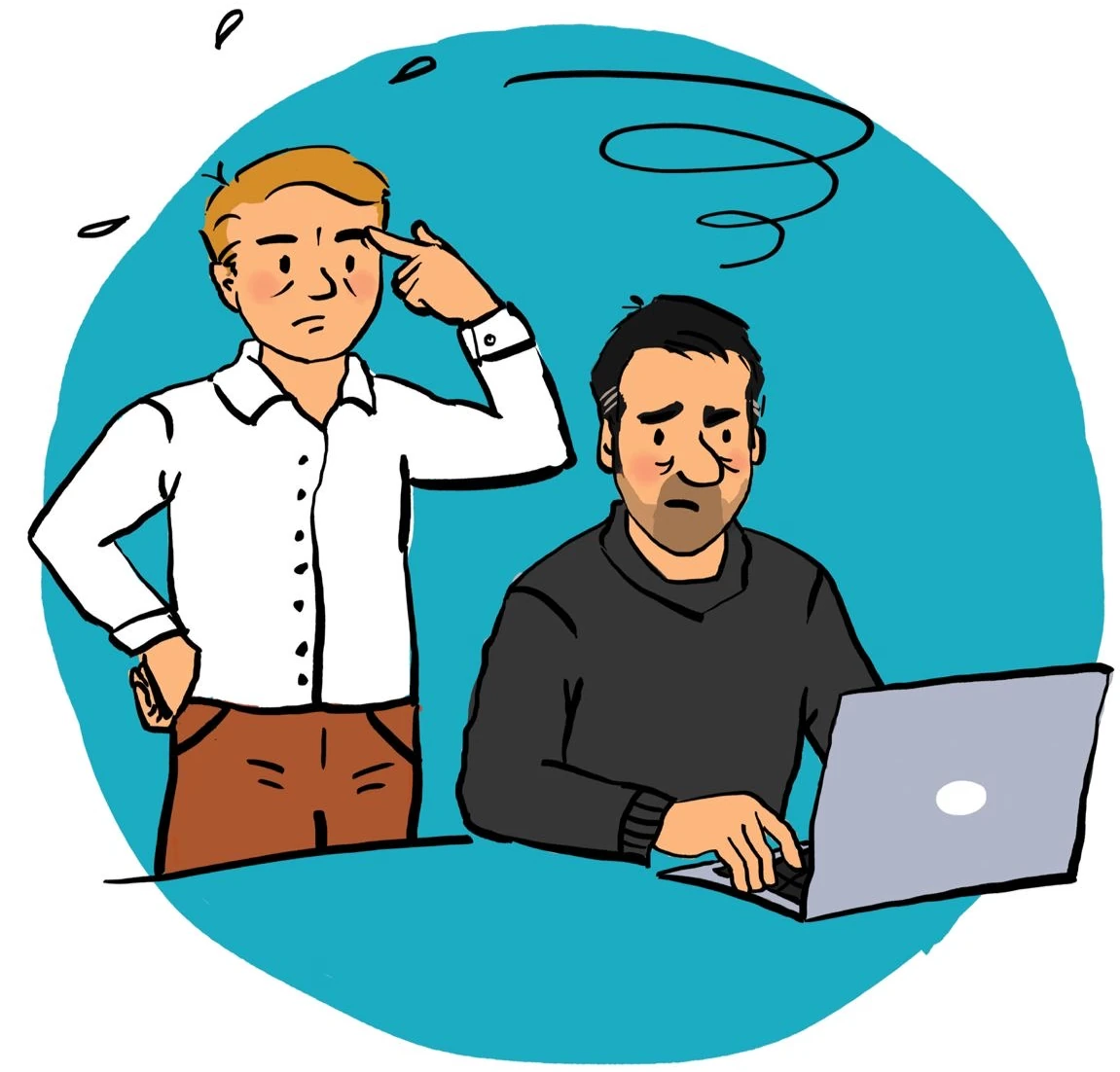 Illustration des deux fondateurs d’AlibeeZ penchés sur un même problème : l’un devant son ordinateur portable, l’autre debout à côté de lui.